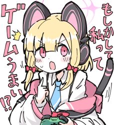 Rule 34 | 1girl, animal ear headphones, animal ears, blonde hair, blue archive, blue necktie, blush, bow, collared shirt, commentary request, controller, fake animal ears, game controller, guriin, hair bow, halo, hand up, headphones, highres, holding, hood, hood down, hooded jacket, jacket, long sleeves, momoi (blue archive), necktie, off shoulder, open clothes, open jacket, pink eyes, pointing, pointing at self, puffy long sleeves, puffy sleeves, red bow, shirt, sidelocks, simple background, solo, tail, translation request, v-shaped eyebrows, white background, white jacket, white shirt
