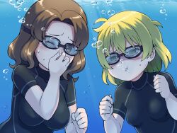 Rule 34 | 2girls, :t, air bubble, blonde hair, bodysuit, breasts, brown eyes, brown hair, bubble, closed mouth, commentary request, commission, covered collarbone, day, diving suit, forehead, goggles, green eyes, hair between eyes, has bad revision, has downscaled revision, highres, holding breath, md5 mismatch, medium breasts, multiple girls, one eye closed, original, outdoors, parted bangs, pixiv commission, resolution mismatch, small breasts, source smaller, tsunaso (lack of sunlight), underwater, upper body, water, wetsuit