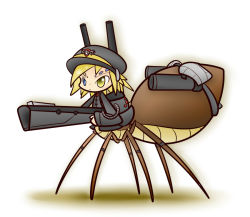 Rule 34 | 1girl, arthropod girl, blue eyes, bug, concave, extra eyes, gun, hat, heterochromia, insect girl, monster girl, simple background, solo, spider, spider girl, weapon, white background, yellow eyes