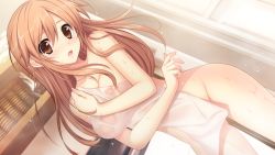 Rule 34 | 1girl, blush, brown eyes, brown hair, covering privates, fingernails, game cg, hatsukoi 1/1, koizumi amane, looking at viewer, morino yukino, naked towel, nude, nude cover, solo, surprised, towel, wet