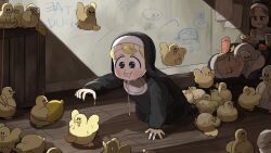 Rule 34 | 3girls, @ @, aged down, baby bottle, binoculars, bird, blonde hair, blue eyes, bottle, brown eyes, brown hair, chicken, clumsy nun (diva), commentary, crawling, diva (hyxpk), drooling, duck, duckling, english commentary, food, fruit, habit, highres, holding, holding binoculars, hungry nun (diva), jumping, lemon, little nuns (diva), lying, multiple girls, nose bubble, nun, red socks, socks, strict nun (diva), tongue, tongue out, traditional nun, writing on wall
