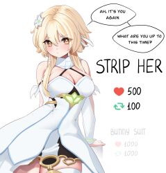 Rule 34 | 1girl, arm armor, arrow (symbol), baobei (baobei bu), bare shoulders, blonde hair, blush, breasts, closed mouth, commentary, detached sleeves, dress, english commentary, english text, feather hair ornament, feathers, flower, genshin impact, hair between eyes, hair flower, hair ornament, heart, highres, large breasts, long sleeves, looking at viewer, lumine (genshin impact), meme, short hair, short hair with long locks, sidelocks, simple background, solo, speech bubble, standing, thighhighs, twitter strip game (meme), v-shaped eyebrows, white background, white dress, white flower, white thighhighs, yellow eyes