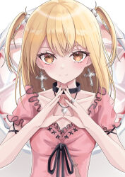 Rule 34 | 1girl, amane misa, black collar, black ribbon, blonde hair, brown eyes, brown nails, collar, collarbone, cross, cross earrings, death note, dress, earrings, fishnets, hair ornament, heart, heart necklace, highres, jewelry, long hair, miwapeito, necklace, pink dress, ribbon, ring, safety pin, skull hair ornament, solo, steepled fingers, two side up