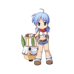 Rule 34 | 1girl, ahoge, bandana, belt, blacksmith (ragnarok online), blue eyes, blue hair, blue shorts, breasts, brown belt, brown footwear, brown gloves, chibi, closed mouth, crop top, fingerless gloves, flower, fringe trim, front-tie top, full body, gauntlets, gloves, hands on own hips, jewelry, long hair, looking at viewer, medium breasts, official art, pullcart, ragnarok online, red bandana, red flower, shirt, short bangs, short shorts, shorts, simple background, sleeveless, sleeveless shirt, smile, solo, standing, tachi-e, tied shirt, torn clothes, torn shorts, transparent background, v-shaped eyebrows, white flower, white shirt, yuichirou