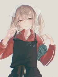 Rule 34 | apron, armband, bandana, banned artist, black apron, commentary request, grey background, highres, jacket, kantai collection, light brown hair, looking at viewer, medium hair, michishio (kancolle), official alternate costume, orange eyes, red jacket, simple background, solo, track jacket, track suit, tsunano (koi pink), upper body
