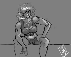 Rule 34 | 1girl, abs, andava, bike shorts, breasts, claudia (andava), claudia emma cross, cleavage, collarbone, freckles, greyscale, hair over one eye, hand on thigh, large breasts, lips, midriff, monochrome, muscular, navel, original, short hair, sitting, sketch, solo, sports bra
