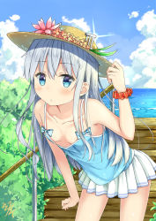 Rule 34 | 10s, 1girl, alternate costume, blue eyes, blush, breasts, breasts apart, cloud, cloudy sky, collarbone, day, hair between eyes, hat, hibiki (kancolle), highres, kantai collection, long hair, mikoillust, ocean, open mouth, outdoors, pleated skirt, scrunchie, silver hair, skirt, sky, sleeveless, solo, white skirt, wrist scrunchie