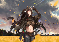 Rule 34 | 1girl, :d, absurdres, animal ears, arknights, arm up, belt, black cape, black gloves, black hair, black pants, breasts, brown belt, brown shirt, cape, cloud, cloudy sky, commentary, cowboy shot, crop top, fingerless gloves, gloves, green eyes, hair between eyes, hand up, highres, horse ears, light rays, long hair, looking up, medium breasts, meteor (arknights), midriff, navel, open mouth, outdoors, pants, petals, ponytail, rainbow, shijie jianfa, shirt, sky, smile, solo, standing, stomach, very long hair