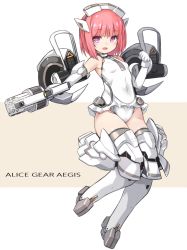 Rule 34 | 1girl, :d, aikawa aika, alice gear aegis, armpit crease, bare shoulders, blush, breasts, brown background, commentary request, copyright name, elbow gloves, full body, gloves, grey thighhighs, groin, gun, headgear, highres, holding, holding gun, holding weapon, karukan (monjya), leotard, looking at viewer, mecha musume, open mouth, pink hair, purple eyes, revision, small breasts, smile, solo, thighhighs, two-tone background, weapon, white background, white gloves, white leotard