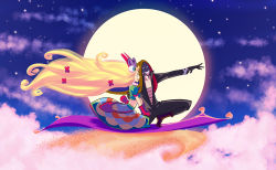 Rule 34 | 1boy, 1girl, blonde hair, blue eyes, boots, bow, closed eyes, cloud, curly hair, diavle, flower, gloves, hair flower, hair ornament, hood, jewelry, kukri (kof), long hair, magic carpet, moon, necklace, night, night sky, open mouth, sand, sitting, sky, star (sky), sylvie paula paula, teeth, the king of fighters, the king of fighters xiv