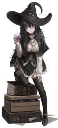 Rule 34 | 1girl, absurdres, black hair, black hat, black thighhighs, blush, book, closed mouth, commentary request, full body, gold can, grey eyes, hand up, hat, highres, holding, large hat, long hair, looking at viewer, original, potion, smile, solo, thighhighs, white background, witch, witch hat