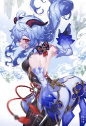 Rule 34 | ahoge, artist name, back, backless outfit, black gloves, black legwear, blue gloves, blue hair, bow, breasts, chinese knot, detached sleeves, flower knot, from behind, ganyu (genshin impact), genshin impact, glaze lily, gloves, gold trim, highres, horns, kippeijii, long hair, looking at viewer, low ponytail, medium breasts, purple eyes, qingxin flower, red rope, rope, sideboob, sidelocks, solo, standing, tassel, thighlet, twitter username, very long hair, vision (genshin impact), waist cape, white sleeves