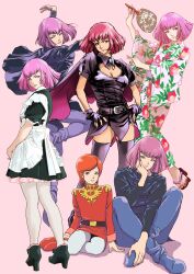 Rule 34 | 2girls, absurdres, alternate costume, apron, aqua eyes, blue eyes, blue footwear, blunt bangs, boots, breasts, cleavage, commentary request, crossed ankles, dancing, enmaided, fingerless gloves, from behind, geta, gloves, gundam, haman karn, hand fan, hands on own hips, head rest, high heel boots, high heels, highres, japanese clothes, kimono, light smile, looking at viewer, maid, maid apron, medium breasts, military, military uniform, mineva lao zabi, mobile suit gundam, multiple girls, nail polish, pantyhose, paper fan, purple eyes, purple hair, red hair, red nails, sitting, skindentation, standing, standing on one leg, swept bangs, teikoku jokyoku, thighhighs, thighs, uniform, white pantyhose, yokozuwari, yukata, zeta gundam