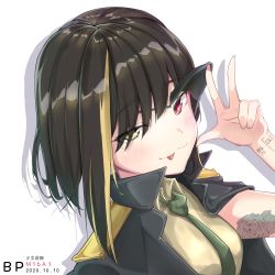Rule 34 | 1girl, absurdres, bigpain, coat, coat on shoulders, eyepatch, flower, girls&#039; frontline, highres, m16a1 (girls&#039; frontline), multicolored hair, necktie, odd eyes, rose, shadow, short hair, tattoo, three fingers, tongue, tongue out, two-tone hair