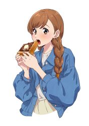 Rule 34 | 1girl, adzuki bean, blue jacket, blush, braid, bread, bread slice, brown eyes, brown hair, butter, cropped torso, eating, edomon-do, food, grey shirt, hair over shoulder, hands up, highres, holding, holding food, jacket, kurumi (mona lisa no zaregoto), long hair, long sleeves, looking at viewer, mona lisa no zaregoto, open mouth, orange eyes, pleated skirt, shirt, simple background, skirt, solo, toast, twin braids, twintails, upper body, white background