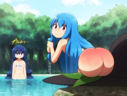 Rule 34 | 2girls, black headwear, blue eyes, blue hair, closed mouth, commentary request, day, fruit hat ornament, groin, hair between eyes, hat, hat ornament, highres, hinanawi tenshi, long hair, multiple girls, navel, nude, outdoors, partially submerged, peach hat ornament, red eyes, shirosato, touhou, translation request, tree, water, yorigami shion