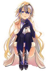 Rule 34 | 1girl, absurdres, armored boots, black gloves, black thighhighs, blonde hair, blue eyes, boots, closed mouth, dress, elbow gloves, fate/apocrypha, fate (series), floating hair, full body, fur-trimmed gloves, fur-trimmed legwear, fur trim, gloves, headpiece, highres, hutuu (1121), jeanne d&#039;arc (fate), jeanne d&#039;arc (ruler) (fate), jeanne d&#039;arc (third ascension) (fate), long hair, shiny skin, short dress, simple background, sleeveless, sleeveless dress, smile, solo, squatting, thighhighs, very long hair, white background, white dress