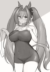 Rule 34 | 1girl, :o, animal ears, bad id, bad twitter id, blush, breasts, cleavage, covered navel, daiwa scarlet (umamusume), greyscale, hair between eyes, hair intakes, hair ribbon, highres, holding, holding towel, horse ears, horse girl, horse tail, huge breasts, long hair, monochrome, one-piece swimsuit, open mouth, ribbon, simple background, solo, swimsuit, tail, tiara, towel, twintails, umamusume, very long hair, wanwangiogio