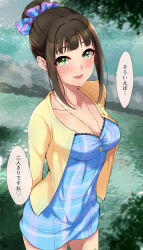 Rule 34 | 1girl, absurdres, arms behind back, blue dress, blush, breasts, brown hair, cardigan, casual, cleavage, collarbone, commentary request, dress, hair bun, hair intakes, hamaguchi ayame, highres, idolmaster, idolmaster cinderella girls, jewelry, looking at viewer, medium breasts, murabito c, necklace, outdoors, plaid, plaid dress, sidelocks, single hair bun, solo, speech bubble, translation request, yellow cardigan
