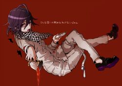 Rule 34 | 1boy, ahoge, ambiguous red liquid, belt, belt buckle, black footwear, black scarf, buckle, buttons, chain, checkered clothes, checkered scarf, commentary request, crossed legs, cup, danganronpa (series), danganronpa v3: killing harmony, denim, double-breasted, full body, highres, holding, holding cup, holding saucer, jacket, jeans, long sleeves, looking at viewer, male focus, multicolored buttons, oma kokichi, open belt, open mouth, pants, purple eyes, purple hair, red background, saucer, scarf, sezo (shizuku), shoes, short hair, simple background, solo, spilling, thigh belt, thigh strap, tongue, torn clothes, torn jeans, torn pants, translation request, two-tone scarf, white belt, white jacket, white pants, white scarf, wrist belt