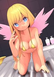 Rule 34 | 1girl, bare arms, bare legs, bare shoulders, barefoot, bikini, blonde hair, blue eyes, blush, breasts, cleavage, closed mouth, collarbone, fairy, fairy wings, full body, gold bikini, highres, huxiao (mistlakefront), lily white, long hair, medium breasts, navel, signature, smile, solo, swimsuit, touhou, wings, yellow bikini
