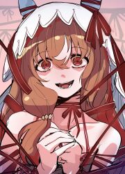 Rule 34 | 1girl, animal ears, bridal veil, brown eyes, brown hair, collarbone, commentary request, empty eyes, highres, horse ears, jewelry, kawamochi (tddm3573), looking at viewer, open mouth, own hands together, portrait, ribbon, ring, shaded face, simple background, solo, still in love (umamusume), umamusume, veil, yandere