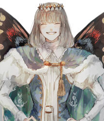 Rule 34 | 1boy, absurdres, arthropod boy, blue cloak, blue dress, blush, butterfly wings, cloak, closed eyes, crown, diamond hairband, dress, fate/grand order, fate (series), fur-trimmed cloak, fur trim, grey hair, hands on own hips, highres, insect wings, long sleeves, male focus, medium hair, oberon (fate), simple background, smile, solo, straight-on, upper body, white background, wings, y! (y83 oishi)