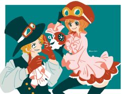 Rule 34 | 1boy, 1girl, ascot, black gloves, black pantyhose, blonde hair, border, commentary, frilled shirt, frills, gloves, goggles, goggles on headwear, hat, highres, holding, koala (one piece), kuroihato, looking down, one piece, pantyhose, pink shirt, sabo (one piece), shirt, short hair, simple background, skirt, smile, snail, top hat, twitter username, waistcoat, white ascot, white border