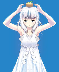 Rule 34 | 1girl, armpits, arms up, bare arms, bare shoulders, blue background, blue eyes, dress, food, food on head, fruit, fruit on head, happy new year, kagami mochi, kouno (masao), mandarin orange, new year, object on head, original, personification, silver hair, sleeveless, sleeveless dress, smile, solo, white dress