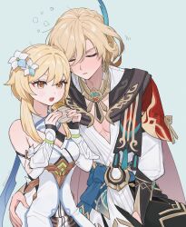 Rule 34 | 1boy, 1girl, blonde hair, blush, breasts, cleavage, closed eyes, detached sleeves, dress, earrings, feather hair ornament, feathers, flower, food, genshin impact, hair between eyes, hair flower, hair ornament, hand on another&#039;s hip, hetero, highres, holding, holding food, jewelry, kaveh (genshin impact), lumine (genshin impact), medium breasts, open mouth, orange eyes, pants, parted lips, q (oshikuraq), short hair with long locks, simple background, sleeveless, sleeveless dress, squeans, white dress, white flower
