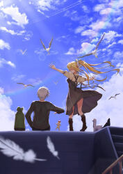 Rule 34 | 1boy, 1girl, absurdres, air (visual novel), bird, black dress, black footwear, blonde hair, blue sky, blurry, boots, clothes lift, cloud, commentary request, depth of field, doll, dress, dress lift, facing another, falling feathers, feathers, from behind, grey hair, hair ribbon, highres, kamio misuzu, kunisaki yukito, lens flare, long hair, open hands, outstretched arms, ponytail, puffy short sleeves, puffy sleeves, rainbow, rgrey00, ribbon, school uniform, seagull, shirt, short hair, short sleeves, sidelocks, sitting, sky, spiked hair, standing, straight hair, summer, sunlight, very long hair, white feathers, white ribbon, wide shot, wind, wind lift, yellow shirt