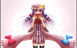 Rule 34 | 1girl, book, bow, capelet, cherry blossoms, covering own mouth, crescent, dress, gin fuaru, gradient background, hair bow, hat, hat ribbon, long hair, looking at viewer, mob cap, open book, patchouli knowledge, petals, pillarboxed, purple eyes, purple hair, ribbon, robe, simple background, solo, sun, tears, thighhighs, touhou, zettai ryouiki