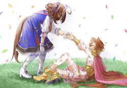 Rule 34 | 2girls, :d, ahoge, animal ears, armor, blue dress, blue jacket, boots, brown hair, brown tail, cape, closed eyes, commentary request, confetti, cropped shirt, crown, dirt, dirty, dirty clothes, dress, full body, getting up, gloves, gold armor, gold footwear, grass, hand on own knee, happy, helping, high heel boots, high heels, highres, holding hands, horse ears, horse girl, horse tail, isobee, jacket, jewelry, knee up, leaning forward, long sleeves, medium hair, meisho doto (umamusume), mini crown, multicolored clothes, multicolored skirt, multiple girls, multiple rings, on ground, open mouth, orange hair, orange tail, pauldrons, pink cape, pink skirt, pleated skirt, red skirt, ring, shirt, short hair, shoulder armor, sitting, skirt, sleeveless, sleeveless jacket, smile, standing, t.m. opera o (umamusume), tail, thighhighs, two-tone skirt, umamusume, v-shaped eyebrows, vambraces, white footwear, white gloves, white hair, white shirt, white skirt, white thighhighs