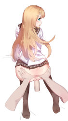 Rule 34 | 1boy, 1girl, absurdres, all fours, anus, ass, black sailor collar, black skirt, black thighhighs, blonde hair, blue eyes, clothed sex, clothes lift, doggystyle, erection, from behind, full body, hair ornament, hairclip, hetero, highres, long hair, long sleeves, looking back, no panties, no shoes, open mouth, penis, pleated skirt, sailor collar, saratoga (warship girls r), school uniform, serafuku, sex, sex from behind, shirt, simple background, skirt, skirt lift, soles, solo focus, spread anus, thighhighs, uncensored, vaginal, warship girls r, white background, white shirt, ze (wzfnn001)