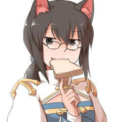 Rule 34 | 1girl, animal ear fluff, animal ears, arch bishop (ragnarok online), black-framed eyewear, black eyes, black hair, blue dress, bread slice, breasts, cat ears, cleavage cutout, clothing cutout, commentary request, cowboy shot, cross, dress, fang, fangs, food, food in mouth, glasses, juliet sleeves, long sleeves, looking at viewer, mouth hold, natsuya (kuttuki), open mouth, ponytail, puffy sleeves, ragnarok online, simple background, small breasts, smile, solo, toast, toast in mouth, two-tone dress, white background, white dress
