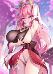 Rule 34 | 1girl, :3, arm behind head, armpits, arms up, blush, breasts, chinese commentary, closed mouth, commentary request, cowboy shot, day, detached sleeves, genshin impact, groin, hair between eyes, hand on own chest, hand up, heart, highres, huge breasts, japanese clothes, long hair, long sleeves, looking at viewer, meion, miko, naughty face, outdoors, petals, pink hair, purple eyes, revision, ribbon-trimmed sleeves, ribbon trim, sideboob, solo, standing, very long hair, wide sleeves, yae miko