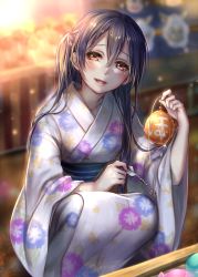 Rule 34 | 10s, 1girl, blue hair, blurry, blush, brown eyes, depth of field, festival, floral print, holding, japanese clothes, kimono, lens flare, lma, long hair, love live!, love live! school idol festival, love live! school idol project, open mouth, solo, sonoda umi, squatting, water yoyo, wide sleeves, yukata