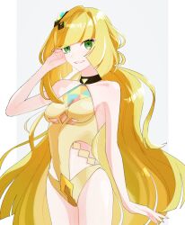 Rule 34 | 1girl, adapted costume, bare arms, black choker, blonde hair, blunt bangs, breasts, choker, commentary request, cowboy shot, creatures (company), eyelashes, game freak, green eyes, grin, hair ornament, hand up, highres, long hair, lusamine (pokemon), lusamine (sygna suit) (pokemon), medium breasts, nintendo, official alternate costume, one-piece swimsuit, osg pk, pokemon, pokemon masters ex, smile, solo, swimsuit, teeth, very long hair, yellow one-piece swimsuit