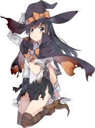 Rule 34 | 1girl, asashio (kancolle), black cape, black hair, black thighhighs, blue eyes, bow, cape, cropped legs, full body, gloves, grey skirt, halloween, hat, kantai collection, konishi (koconatu), long hair, official art, orange bow, pleated skirt, shirt, skirt, solo, staff, thighhighs, transparent background, white gloves, white shirt, witch hat