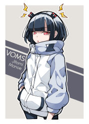 Rule 34 | 1girl, :o, black hair, black hairband, character name, copyright name, grey jacket, hair behind ear, hairband, hand in pocket, highres, jacket, jitomi monoe, kerenmi, looking at viewer, multicolored clothes, multicolored jacket, open mouth, red eyes, shaded face, short hair, solo, two-tone jacket, virtual youtuber, voms, white jacket