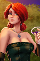 Rule 34 | 1girl, breasts, brown eyes, cleavage, dress, female focus, green dress, long hair, raichiyo33, red hair, solo, standing, the witcher (series), the witcher 3, triss merigold