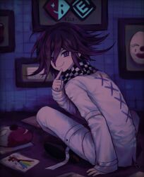 Rule 34 | 1boy, ahoge, arm support, baby miik, checkered clothes, checkered scarf, danganronpa (series), danganronpa v3: killing harmony, flipped hair, from side, grey jacket, grin, hair between eyes, highres, jacket, leaning forward, long sleeves, looking at viewer, mask, medium hair, messy hair, oma kokichi, paper, purple hair, scarf, shoes, sleeves past wrists, smile, solo, teeth