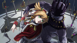 Rule 34 | 1girl, 1other, absurdres, aiguillette, arrow (projectile), behind another, blonde hair, blue background, bow (weapon), broken, broken sword, broken weapon, chinese commentary, commentary request, crossover, crying, crying with eyes open, dagger, daiba nana, dancing, epaulettes, fingernails, flying teardrops, from side, fur-trimmed jacket, fur trim, glint, gradient background, green eyes, green ribbon, grey background, grey skirt, hair between eyes, hair ribbon, hands up, highres, holding hands, jacket, jacket on shoulders, jojo no kimyou na bouken, katana, knife, long sleeves, looking away, looking to the side, m kyo, mace, open mouth, planted, planted arrow, planted sword, planted weapon, pleated skirt, polearm, rapier, red jacket, ribbon, shadow, short twintails, shoujo kageki revue starlight, skirt, spikes, stand (jojo), standing, stone ocean, sword, tears, twintails, weapon, white jacket, whitesnake (stand)