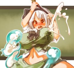 Rule 34 | 1girl, blush, breasts, brown eyes, covered erect nipples, female focus, ghost, konpaku youmu, lactation, lactation through clothes, open mouth, red eyes, sachito, silver hair, solo, tears, touhou