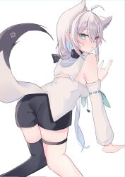Rule 34 | 1girl, ahoge, animal ears, animal hood, ao kotoha, ass, black shorts, black thighhighs, blue eyes, blush, breasts, detached sleeves, extra ears, fox ears, fox girl, fox shadow puppet, fox tail, grey hair, highres, hololive, hood, hoodie, looking at viewer, looking back, medium breasts, medium hair, shirakami fubuki, shirakami fubuki (1st costume), shorts, single thighhigh, solo, tail, thigh strap, thighhighs, virtual youtuber, white background, white hoodie, white sleeves