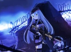 Rule 34 | 2girls, artist name, assault rifle, bad id, bad pixiv id, barbed wire, beret, black hat, black skirt, blue hair, blunt bangs, blurry, blurry foreground, blush, breasts, bullpup, caseless firearm, chain-link fence, closed eyes, closed mouth, commentary request, depth of field, facial mark, fence, g11 (girls&#039; frontline), girls&#039; frontline, green eyes, green jacket, gun, h&amp;k g11, h&amp;k hk416, hair ornament, hat, heckler &amp; koch, hk416 (girls&#039; frontline), holding, holding gun, holding weapon, horizontal magazine, jacket, long hair, looking away, looking to the side, medium breasts, multiple girls, name connection, nekoya (liu), object namesake, open clothes, open jacket, outdoors, plaid, plaid skirt, pleated skirt, purple jacket, purple legwear, rifle, signature, silver hair, skirt, standing, thighhighs, very long hair, weapon