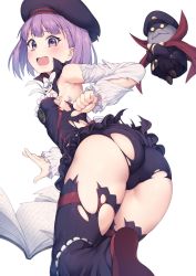Rule 34 | 1girl, armpits, ass, back, blunt bangs, blush, book, boots, bow, bowtie, breasts, cameltoe, fate/grand order, fate (series), frills, hat, helena blavatsky (fate), highres, jp06, looking at viewer, looking back, open mouth, puffy sleeves, purple eyes, purple hair, short hair, simple background, small breasts, solo, strapless, thighhighs, torn clothes, torn thighhighs, white background