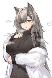 Rule 34 | 1girl, absurdres, animal ears, arknights, arm under breasts, blush, braid, breasts, breath, brown eyes, brown sweater, covered navel, earrings, grey hair, hair ornament, hair over one eye, hairclip, hand on own chest, hand up, highres, hot, jacket, jewelry, large breasts, layered sleeves, long hair, long sleeves, looking at viewer, mitarashi renge, off shoulder, open clothes, open jacket, parted lips, penance (arknights), ribbed sweater, simple background, sketch, solo, standing, sweater, turtleneck, turtleneck sweater, upper body, white background, white jacket