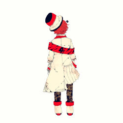 Rule 34 | 1boy, 3kuma, asymmetrical clothes, bandages, bandaged arm, bandages, black pants, boots, coat, colored skin, from behind, fukase, full body, hat, male focus, number print, official art, pants, red eyes, red hair, red neckwear, scar, scar on arm, standing, vocaloid, white background, white coat, white footwear, white skin