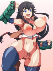 Rule 34 | 10s, 1girl, black hair, blue eyes, bottomless, bouncing breasts, breasts, breasts out, cleft of venus, curvy, female pubic hair, gauntlets, highres, huge breasts, kanami (log horizon), large breasts, log horizon, long hair, low-tied long hair, navel, nipples, open mouth, pubic hair, puffy nipples, pussy, smile, solo, thick thighs, thighs, uncensored, wide hips, zasshu nigou